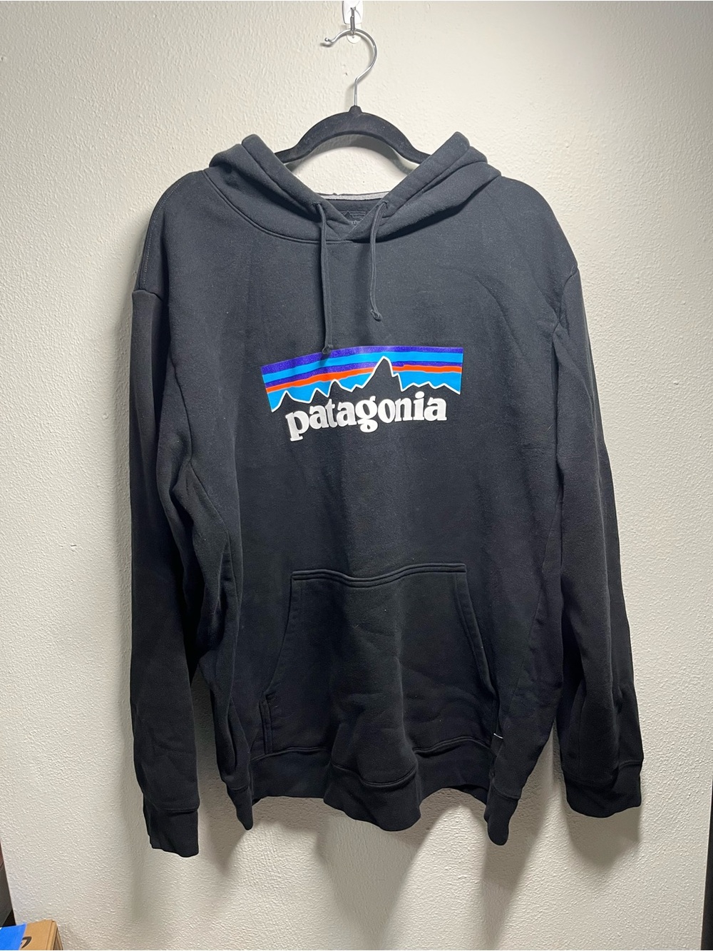 Patagonia Black Hoodie with Multicolor Mountain Logo